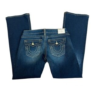 TRUE Religion gold Crystal rhinestone blue wash bootcut denim jeans Sz 29